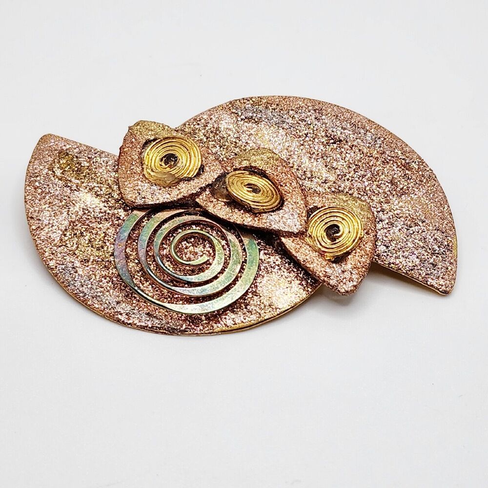 Vintage 1980s Artisan Pink Glitter On Metal Large Geometric Rhinestone Brooch